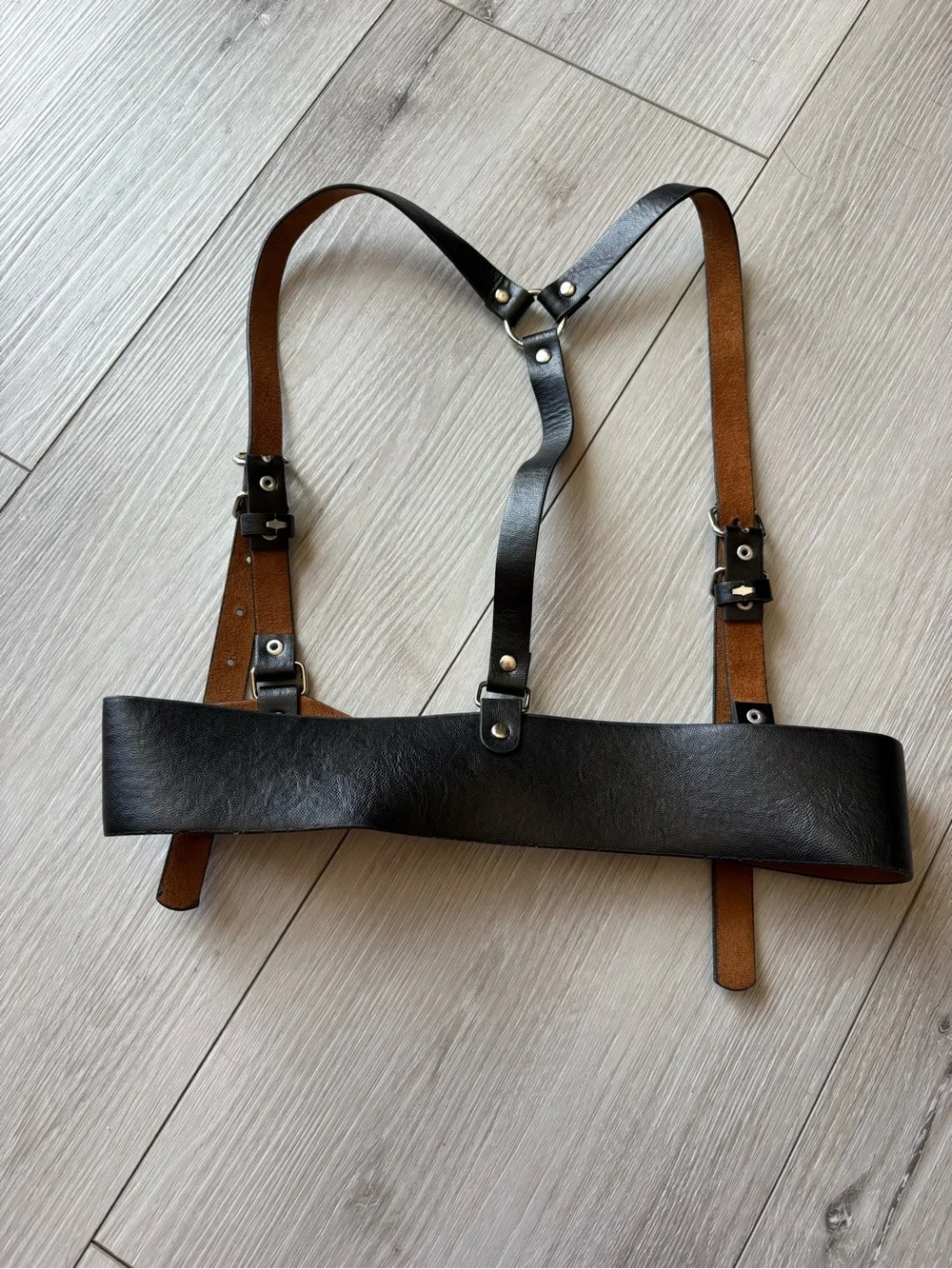 Adjustable Leather Harness Belt - Black/Tan